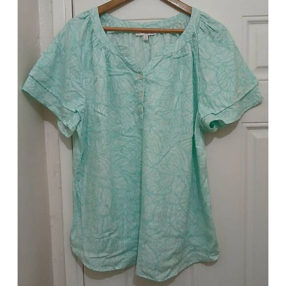 Coral bay womens size 1xl aqua blue green linen cotton shirt top flutter sleeve - Picture 2 of 8